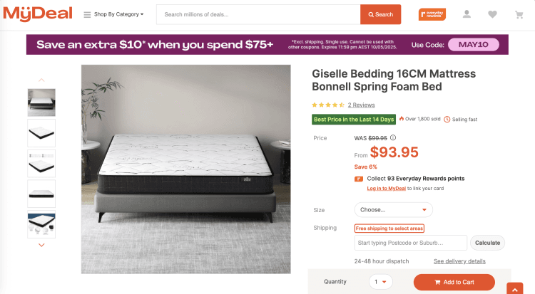 MyDeal: Giselle Bedding 16CM Mattress Bonnell Spring Foam Bed (Single) – $93.95